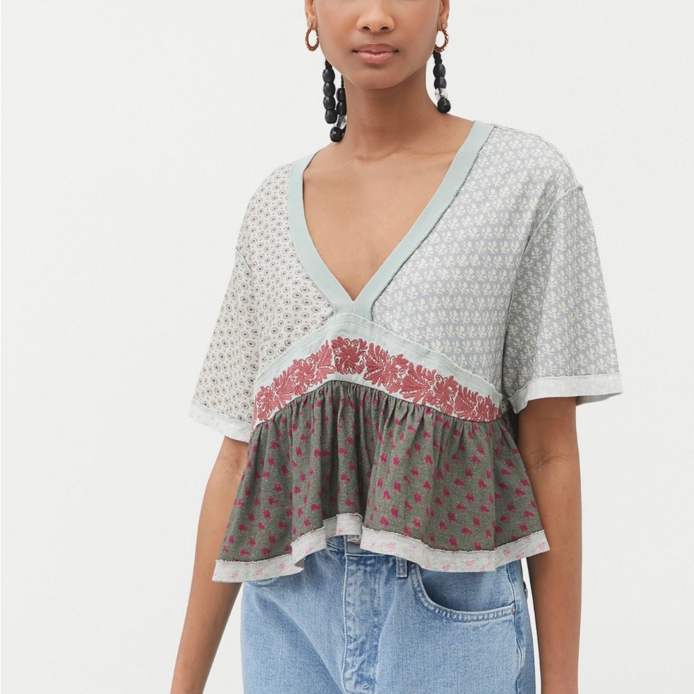 Urban Outfitters Olive Embroidered Babydoll Tee